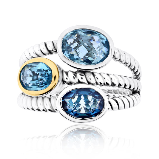 Belle Artique Sterling Silver Colors of Blue Topaz 3-Stone Triple Row Braided Ring