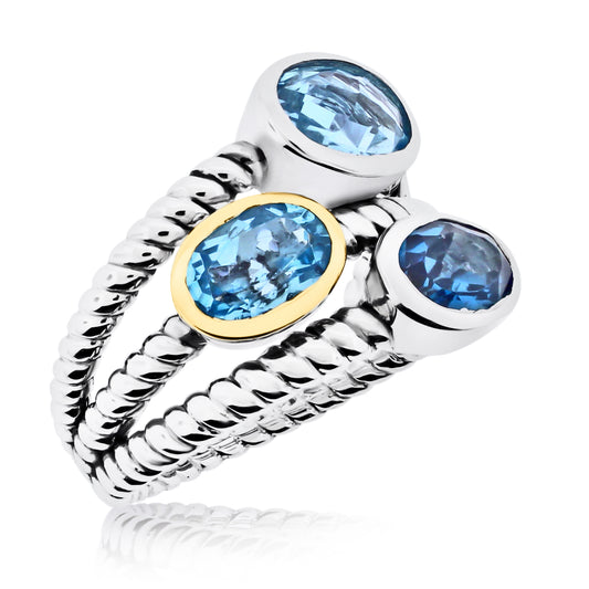 Belle Artique Sterling Silver Colors of Blue Topaz 3-Stone Triple Row Braided Ring