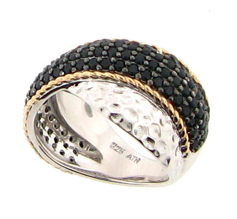 Belle Artique Sterling Silver Black Spinel Crossover Hammered Ring
