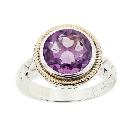 Belle Artique Sterling Silver Round Amethyst Rope Bezel Quilted Shank Ring