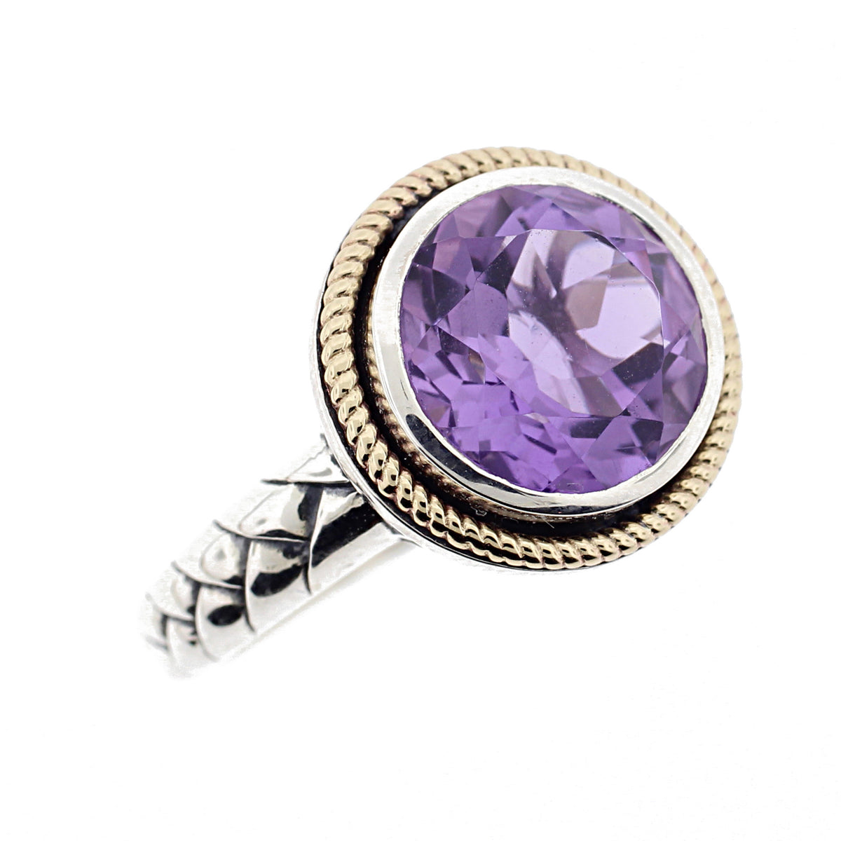 Belle Artique Sterling Silver Round Amethyst Rope Bezel Quilted Shank Ring
