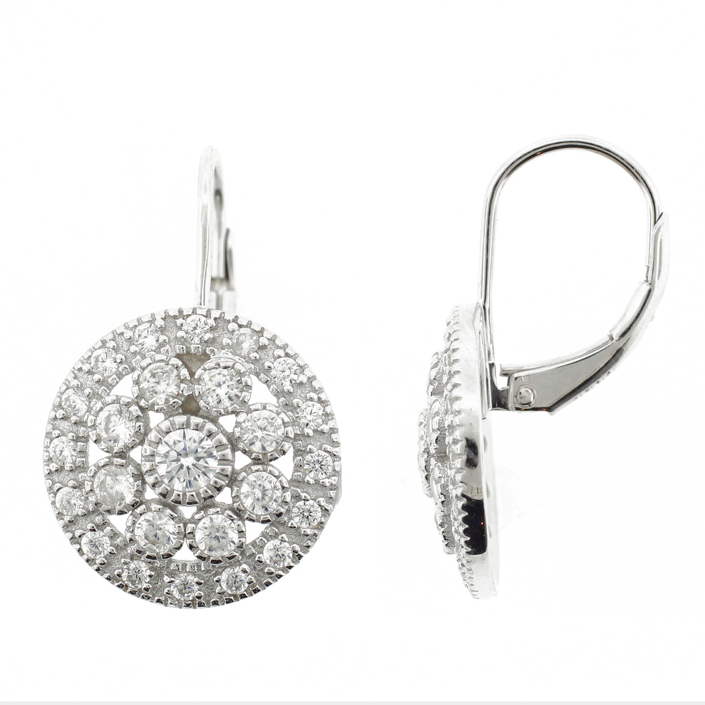 Brilliante Sterling Silver Simulated Diamond Cluster Milgrain Drop Earrings