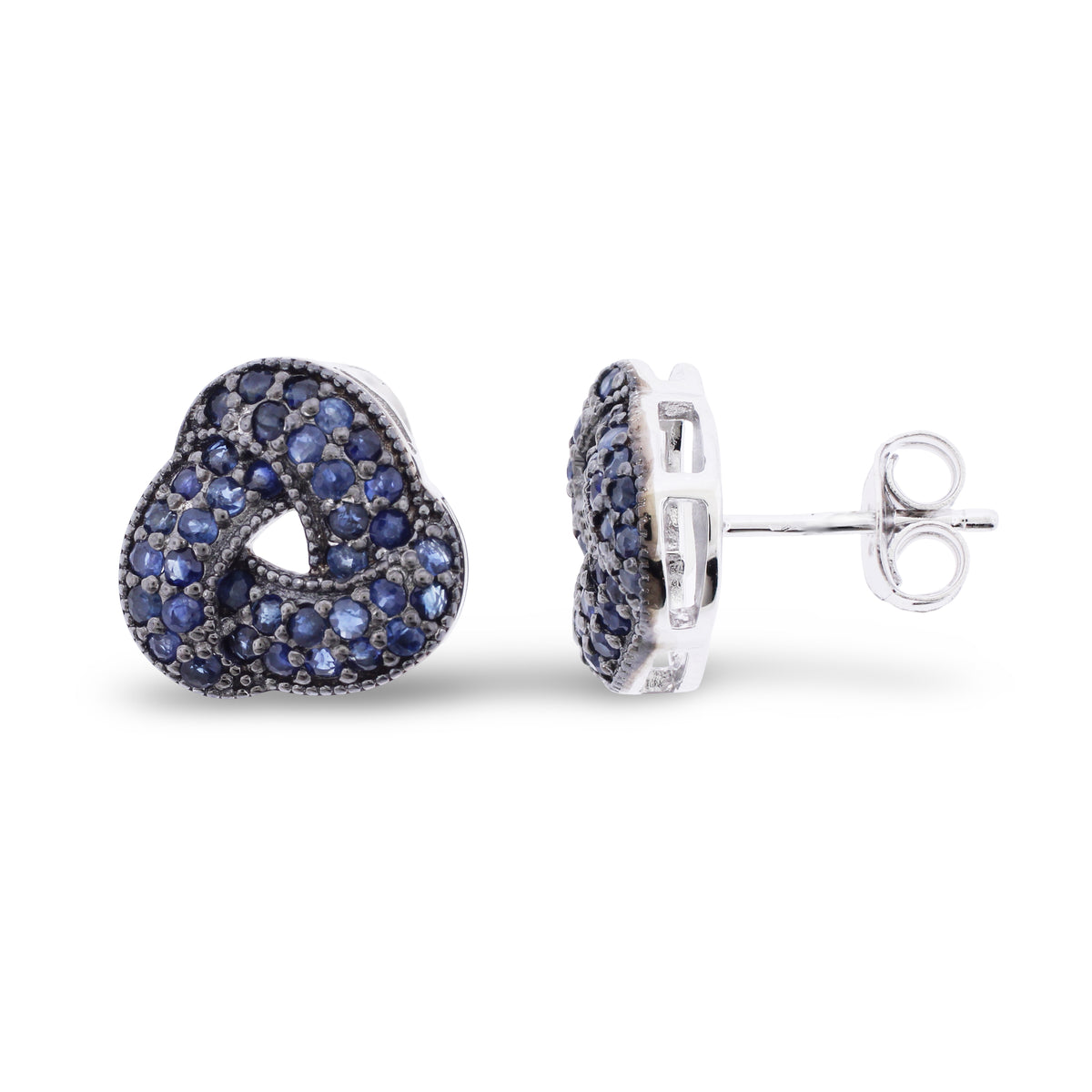 Belle Artique Sterling Silver Blue Sapphire Pave Love Knot Stud Earrings