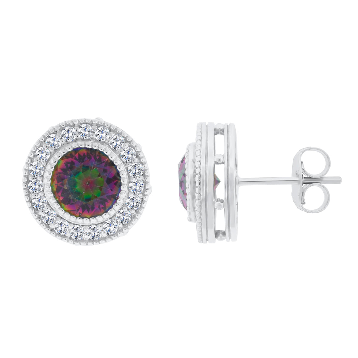 Belle Artique Sterling Silver Mystic Topaz Halo Stud Earrings