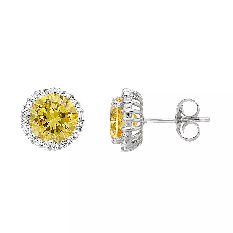 Brilliante Sterling Silver Simulated Fancy Color Diamond Halo Stud Earrings