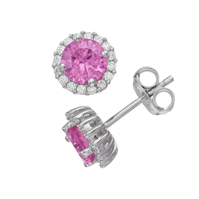 Brilliante Sterling Silver Simulated Fancy Color Diamond Halo Stud Earrings