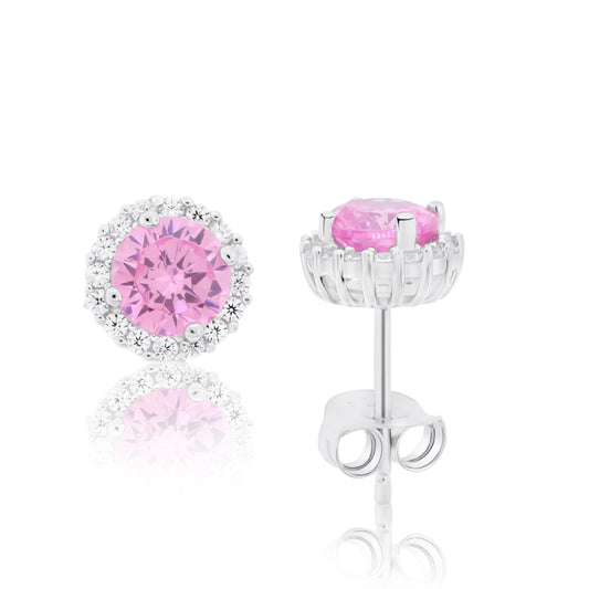 Brilliante Sterling Silver 6mm Round Pink Simulated Diamond Halo Stud Earrings