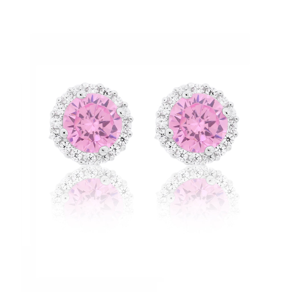 Brilliante Sterling Silver 6mm Round Pink Simulated Diamond Halo Stud Earrings