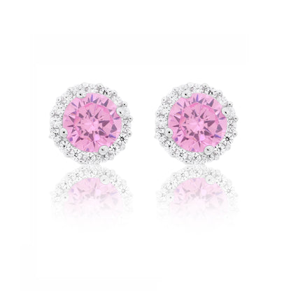 Brilliante Sterling Silver 6mm Round Pink Simulated Diamond Halo Stud Earrings