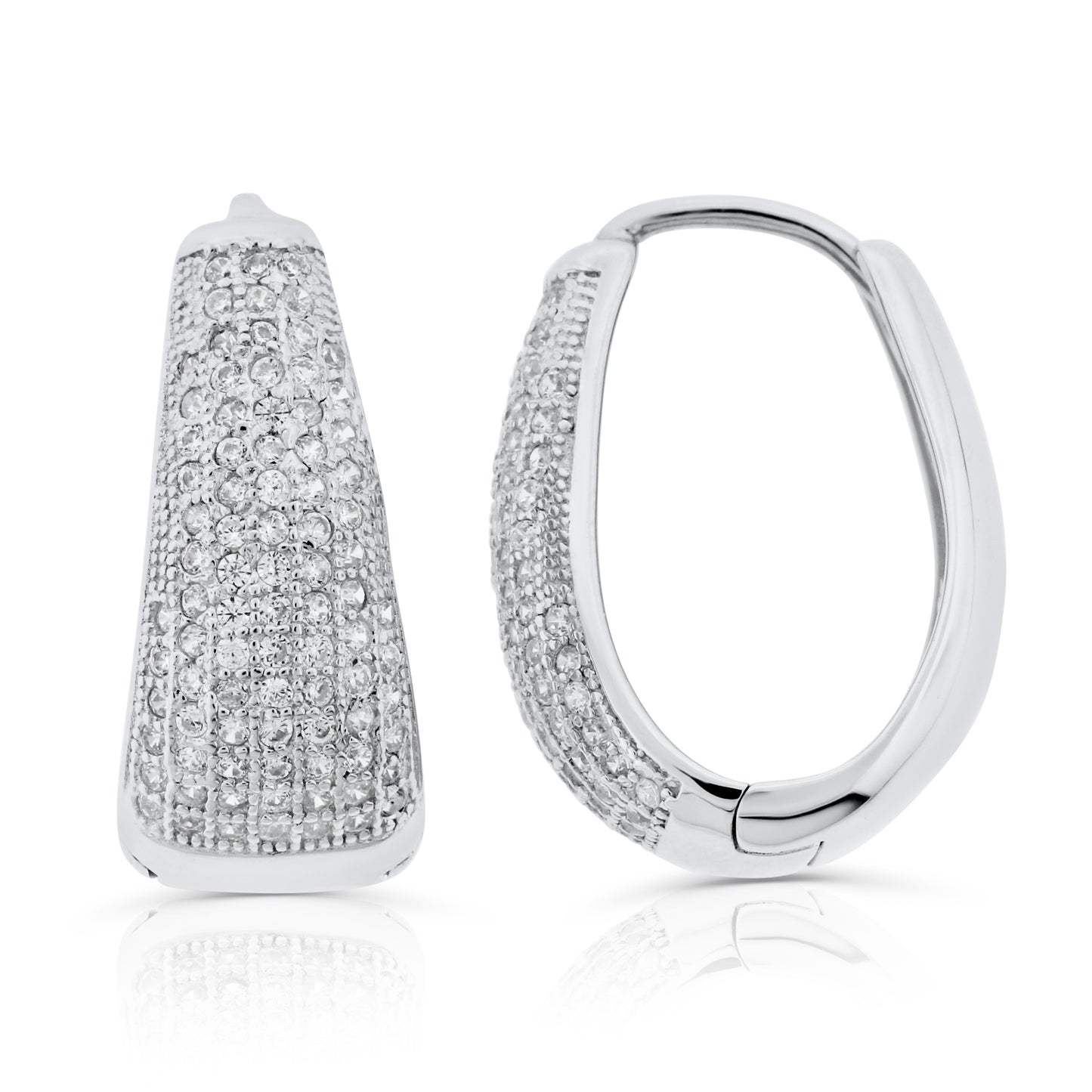 Brilliante Sterling Silver Simulated Diamond Pave Tapered Oval Hoop Earrings
