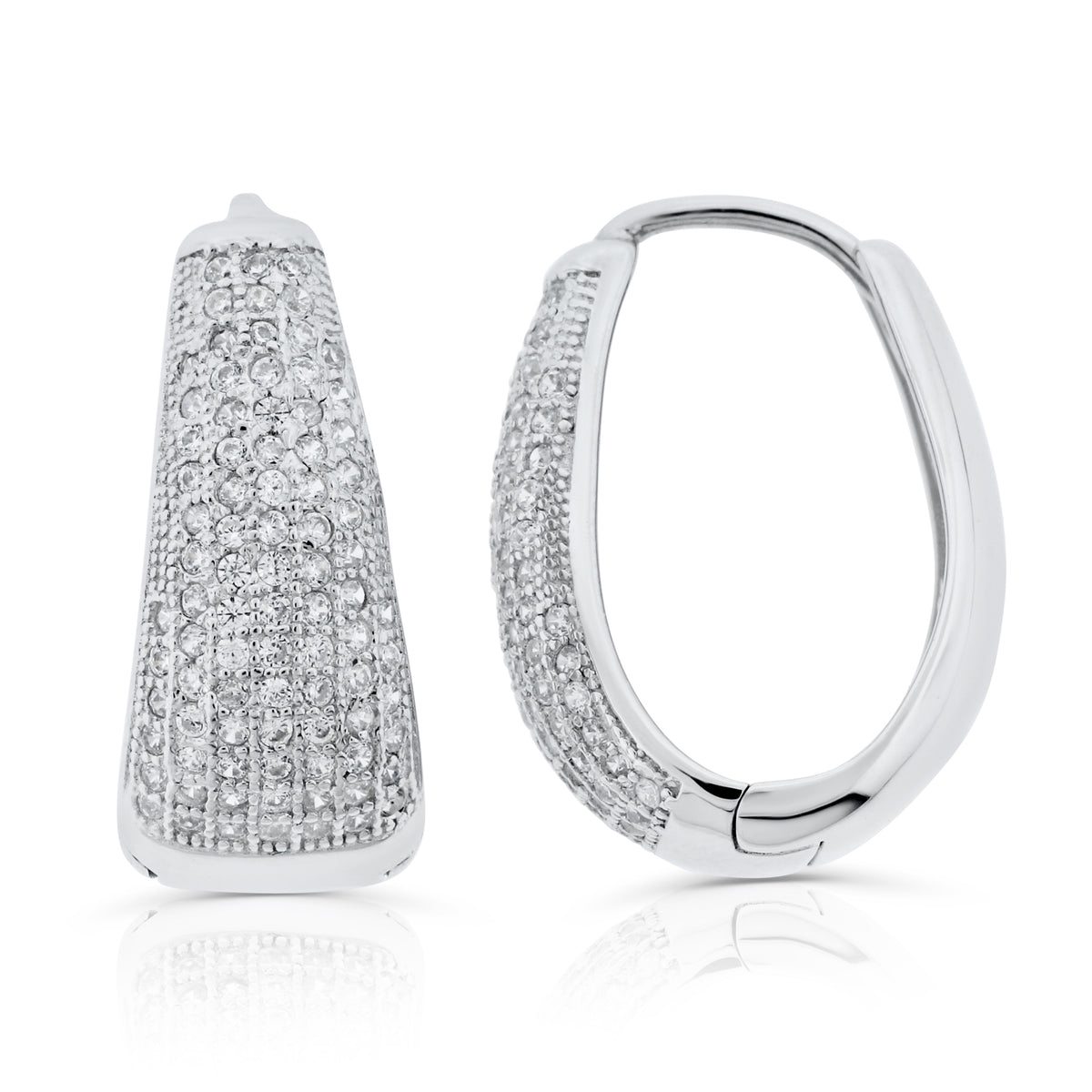 Brilliante Sterling Silver Simulated Diamond Pave Tapered Oval Hoop Earrings