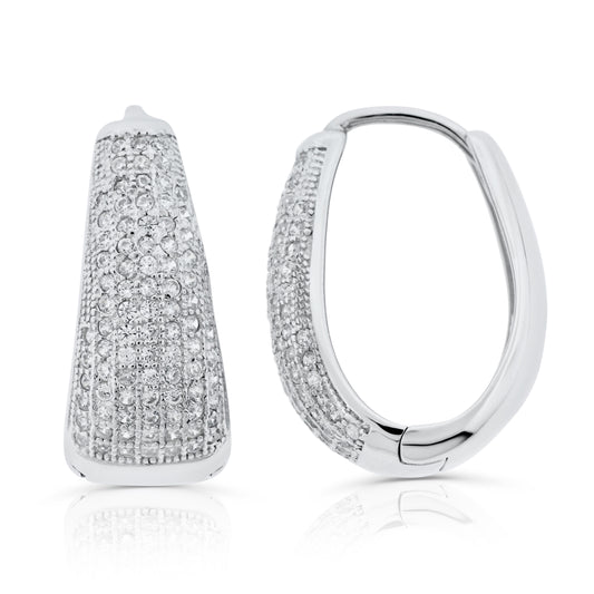 Brilliante Sterling Silver Simulated Diamond Pave Tapered Oval Hoop Earrings