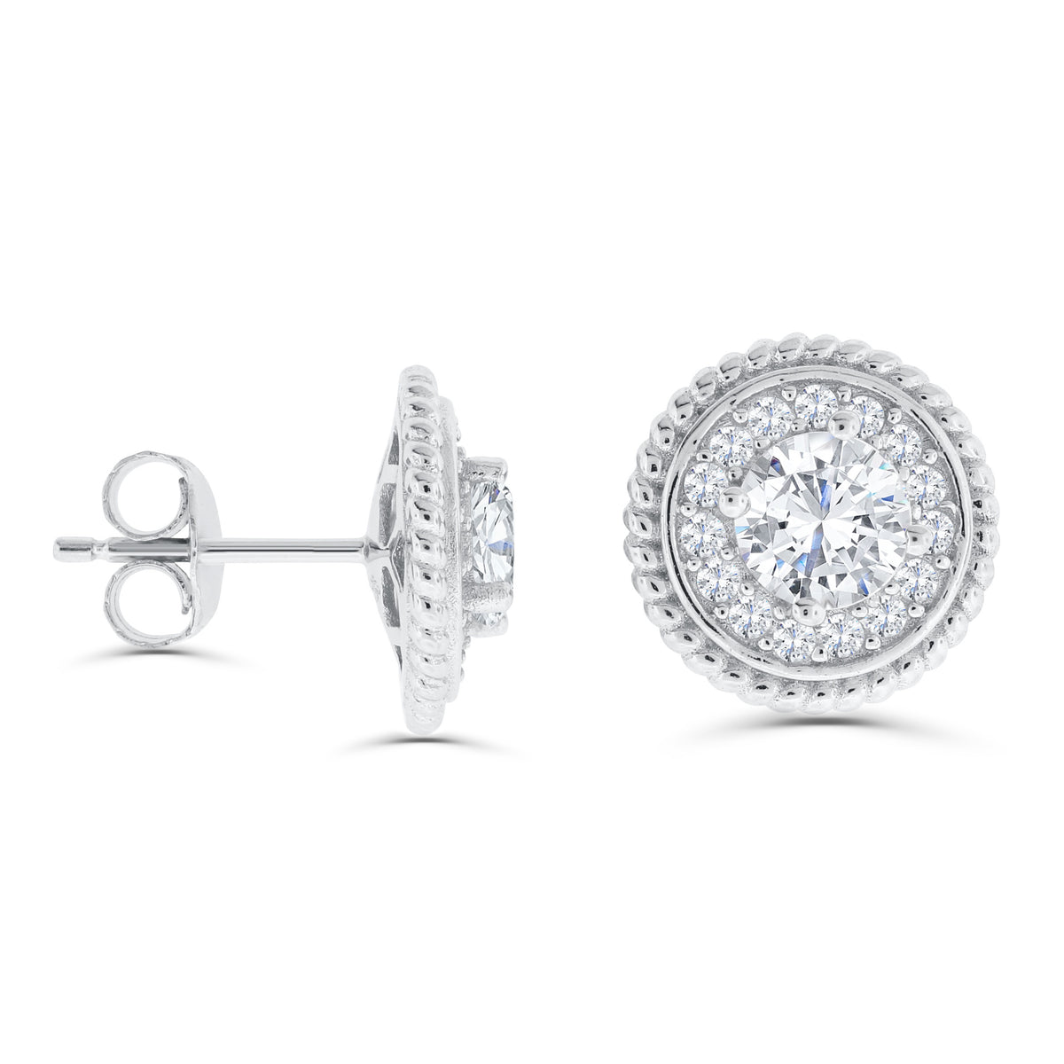 Brilliante Sterling Silver Simulated Diamond Twisted Rope Halo Stud Earrings