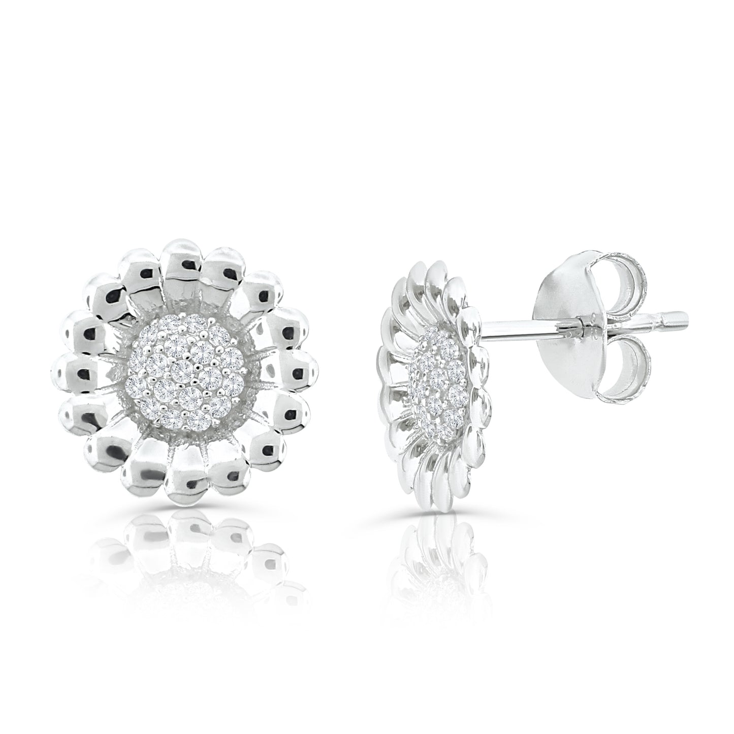 Brilliante Sterling Silver Simulated Diamond Pave Sunflower Stud Earrings