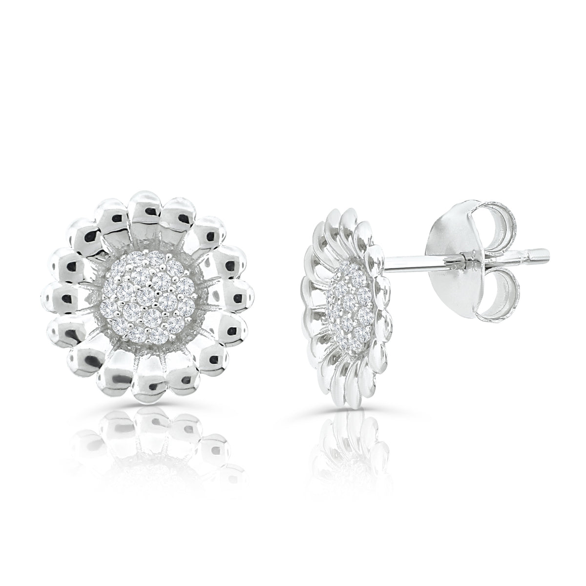 Brilliante Sterling Silver Simulated Diamond Pave Sunflower Stud Earrings
