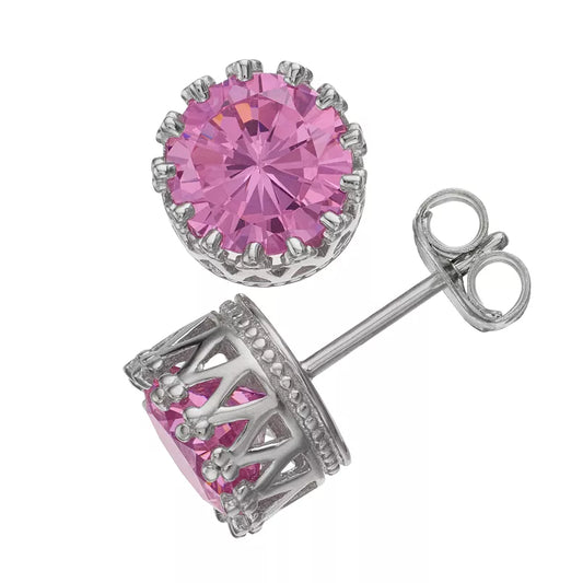 Brilliante Sterling Silver 8mm Round Pink Simulated Diamond Crown Stud Earrings