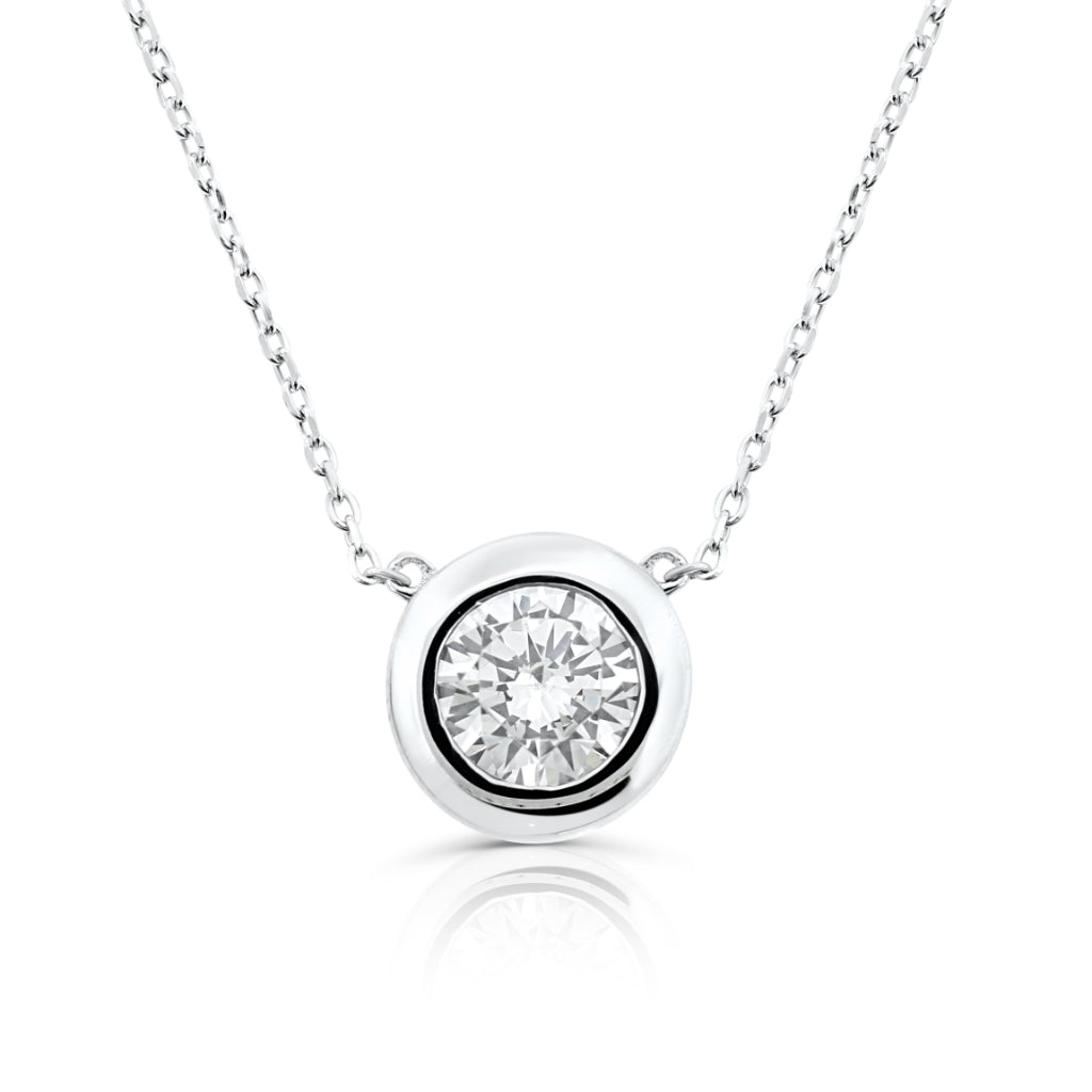 Brilliante Sterling Silver 8mm Simulated Diamond Bezel 16" Necklace + 2" Extender Choice of Color