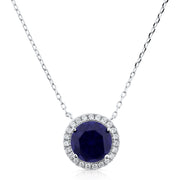 Brilliante Sterling Silver Simulated Sapphire Halo Solitaire Necklace
