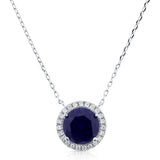 Brilliante Sterling Silver Simulated Sapphire Halo Solitaire Necklace