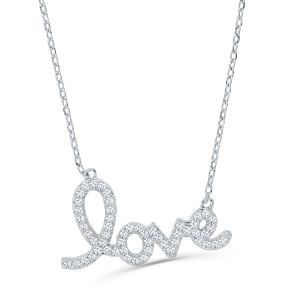 Brilliante Sterling Silver Simulated Diamond "LOVE" Necklace + 2" Extender