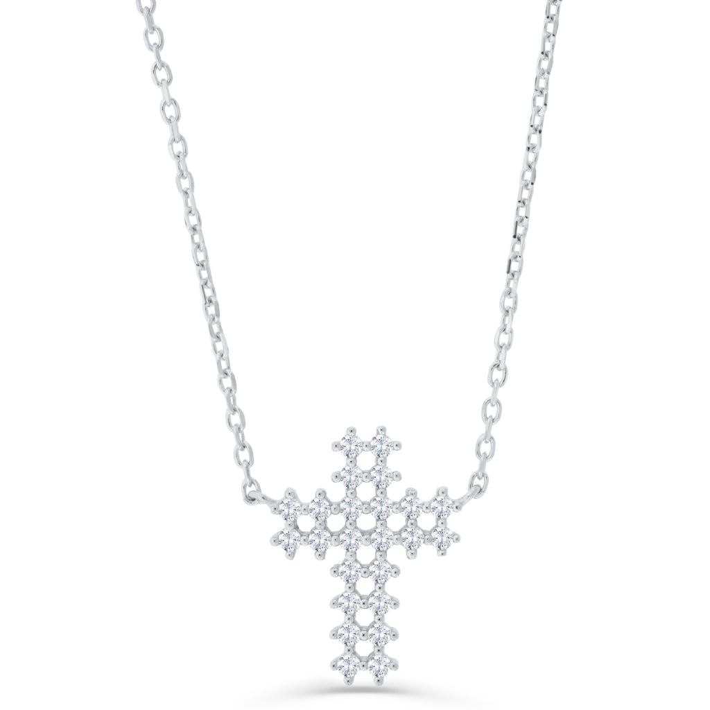 Brilliante Sterling Silver Simulated Diamond Cross Necklace + 2" Extender