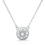 Brilliante Sterling Silver Simulated Diamond Milgrain Halo Solitaire Necklace