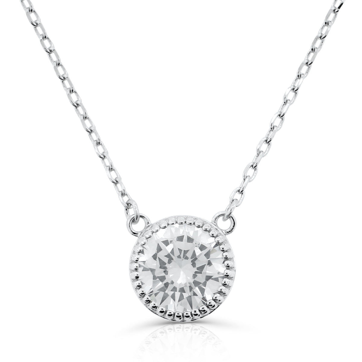 Brilliante Sterling Silver Simulated Diamond Milgrain Halo Solitaire Necklace