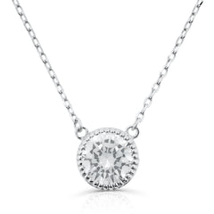 Brilliante Sterling Silver Simulated Diamond Milgrain Halo Solitaire Necklace