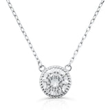 Brilliante Sterling Silver Simulated Diamond Milgrain Halo Solitaire Necklace