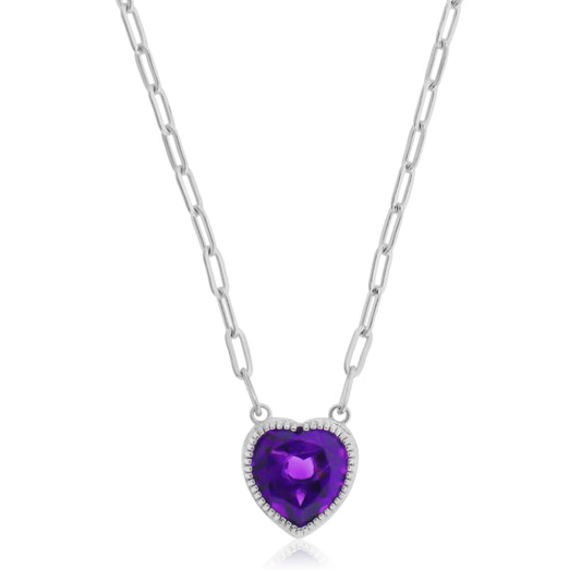 Belle Artique Sterling Silver Amethyst Heart Solitaire Paperclip Necklace