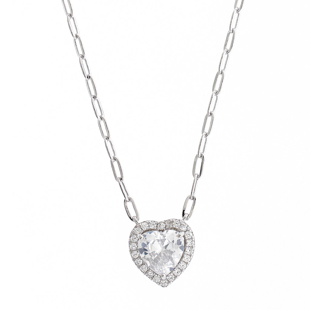 Brilliante Sterling Silver Choice of Cut Simulated Diamond Halo Necklace 16" Chain + 2" Extender