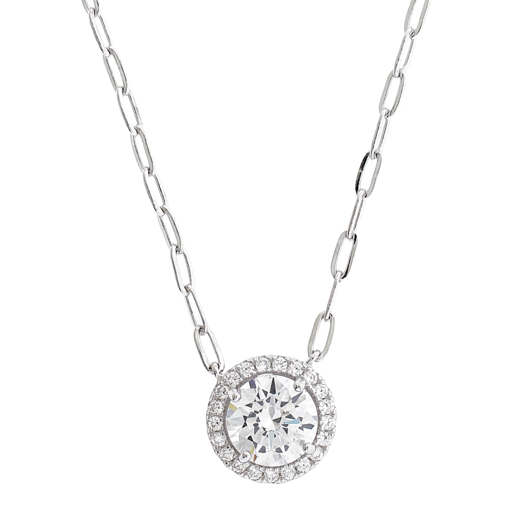 Brilliante Sterling Silver Choice of Cut Simulated Diamond Halo Necklace 16" Chain + 2" Extender