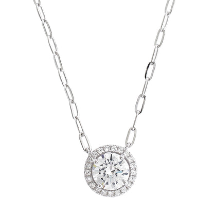 Brilliante Sterling Silver Choice of Cut Simulated Diamond Halo Necklace 16" Chain + 2" Extender