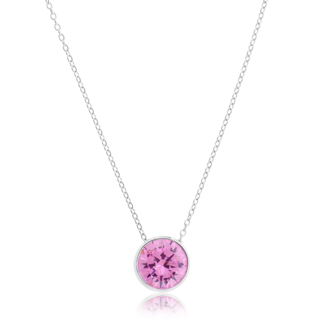 Brilliante Sterling Silver 10mm Round Simulated Pink Diamond 16" Necklace + 2" Extender