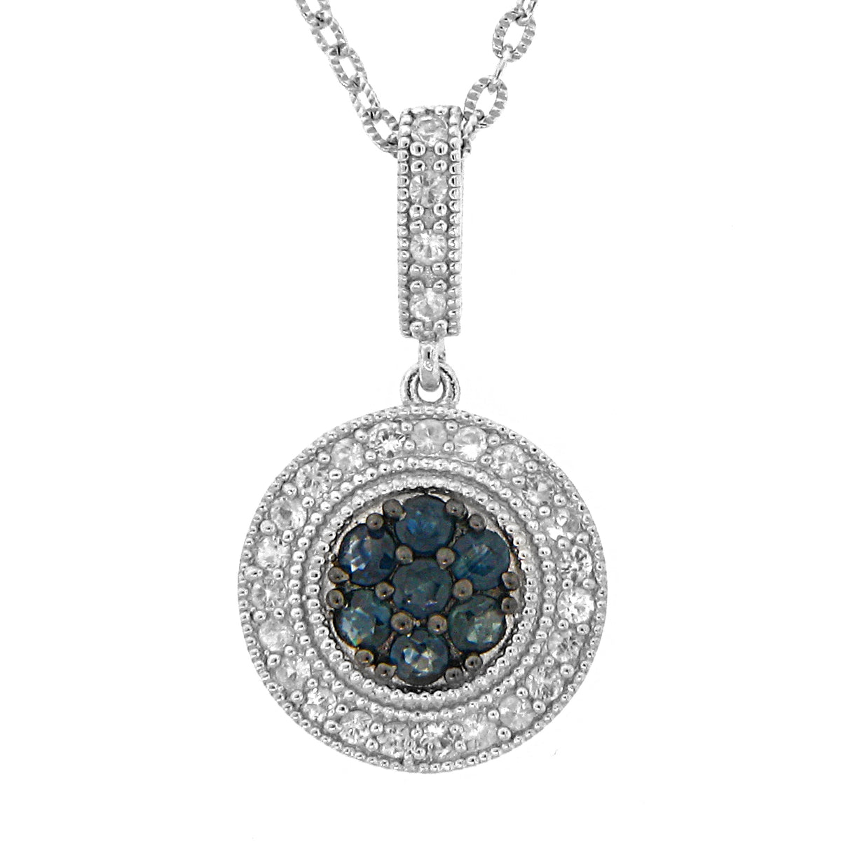 Belle Artique Sterling Silver Blue & White Sapphire Milgrain Detail Pendant with Chain