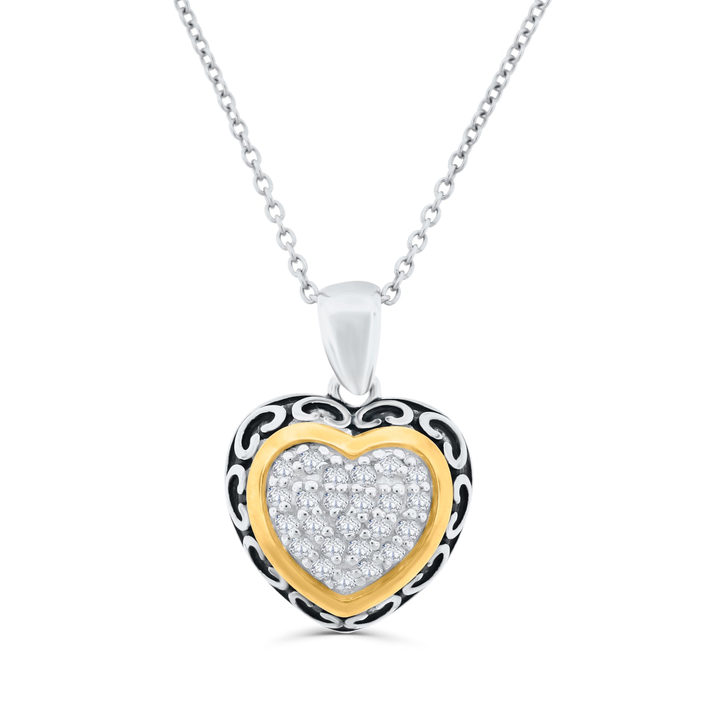 Belle Artique Sterling Silver White Topaz Pave Two-Tone Heart Pendant with Chain
