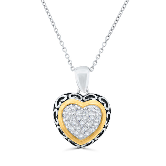 Belle Artique Sterling Silver White Topaz Pave Two-Tone Heart Pendant with Chain