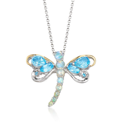 Belle Artique Sterling Silver Blue Topaz & Opal Dragonfly Pendant/Pin