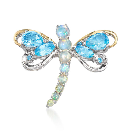Belle Artique Sterling Silver Blue Topaz & Opal Dragonfly Pendant/Pin
