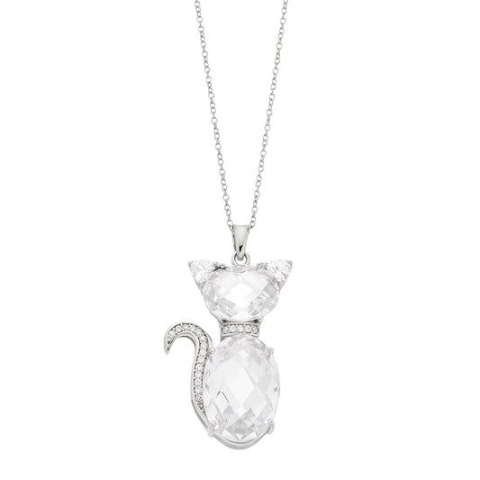 Brilliante Sterling Silver Simulated Diamond Cat Pendant with 18" Chain