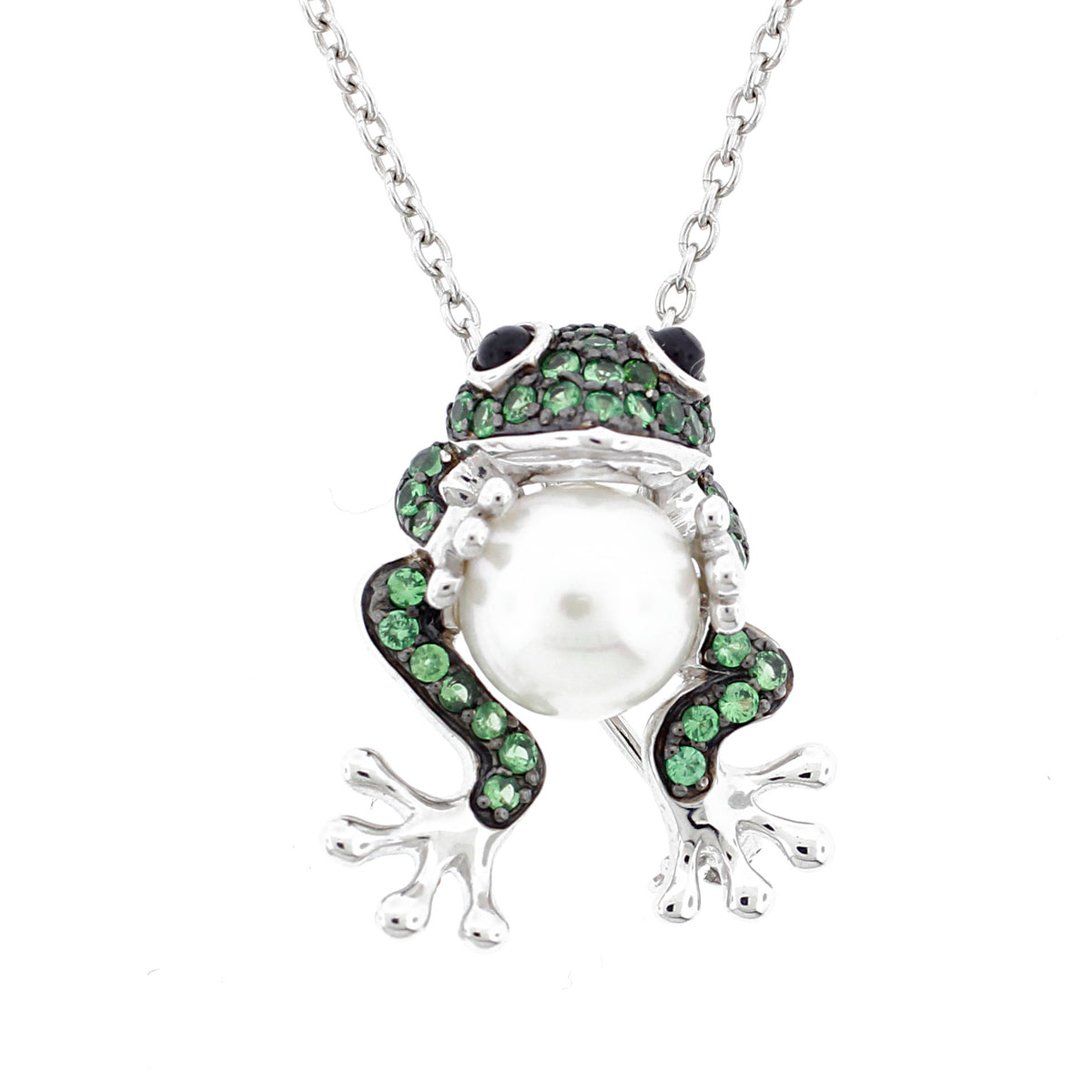 Belle Artique Sterling Silver Gemstone &  Freshwater Pearl Frog Pin/Pendant with Chain