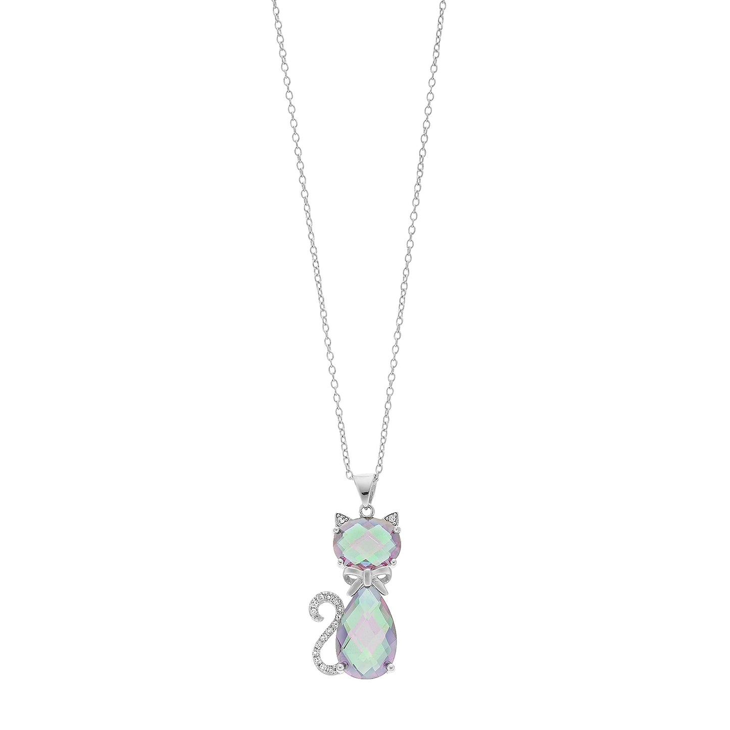 Belle Artique Sterling Silver Mystic & White Topaz Cat Pendant with Chain