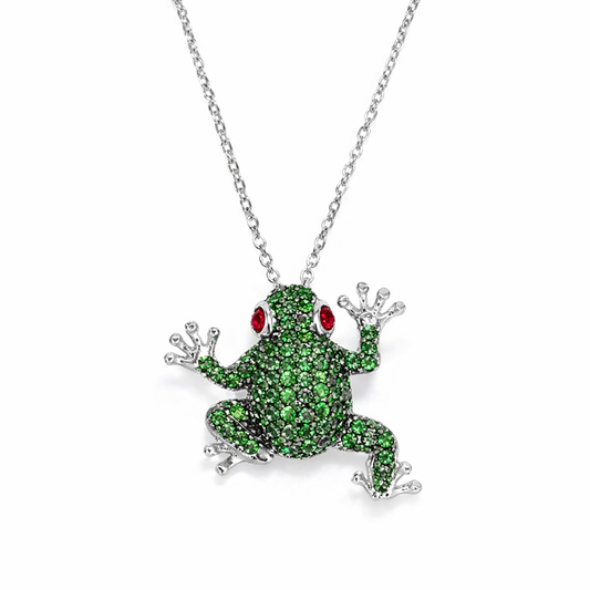 Belle Artique Sterling Silver Chrome Diopside & Ruby Pave Frog Pendant with Chain