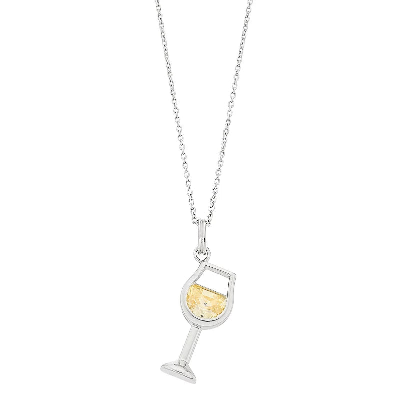 Brilliante Sterling Silver Simulated Diamond Wine Glass Pendant with 18" Chain