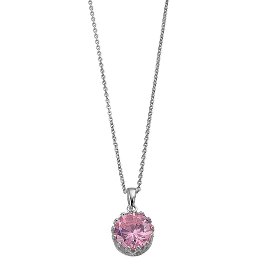 Brilliante Sterling Silver 10mm Round Pink Simulated Diamond Crown Pendant with Chain