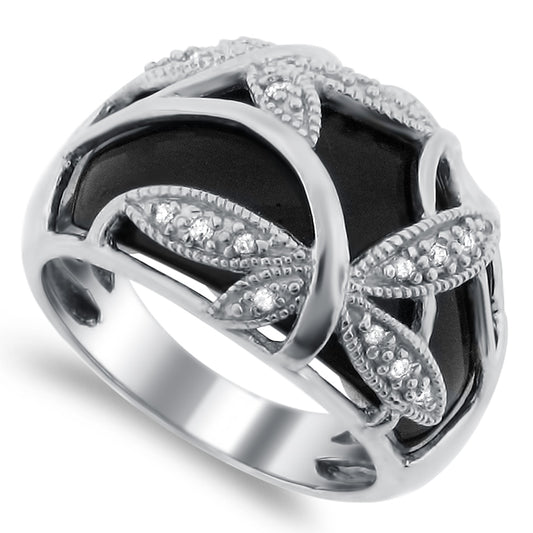 Belle Artique Sterling Silver Black Onyx White Topaz Dragonfly Overlay Ring