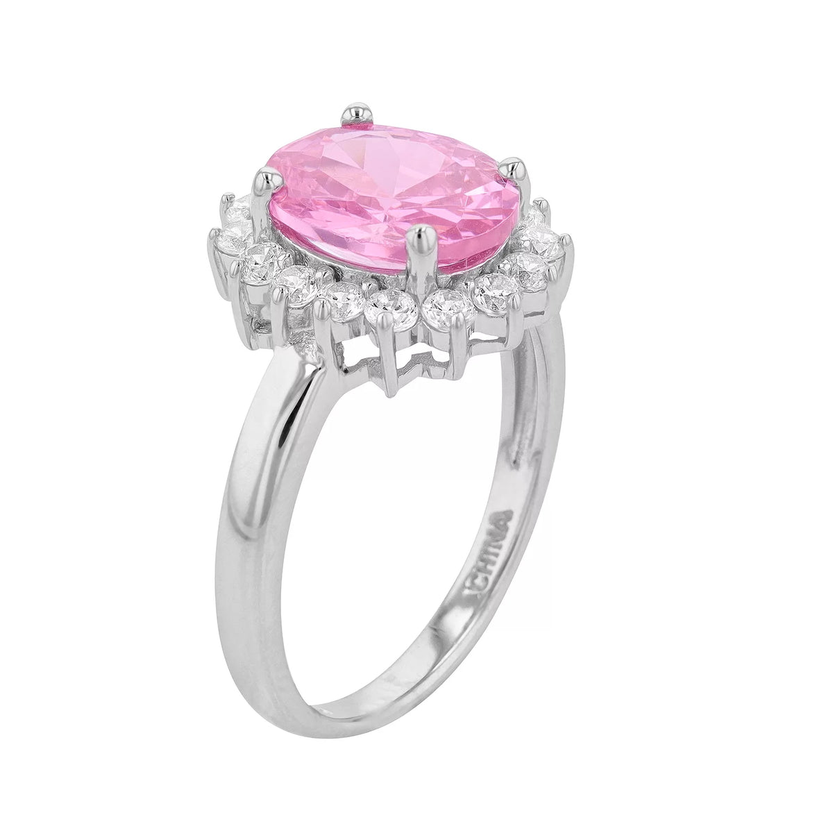 Brilliante Sterling Silver 10x8mm Oval Pink Simulated Diamond Halo Ring