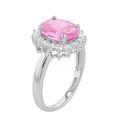 Brilliante Sterling Silver 10x8mm Oval Pink Simulated Diamond Halo Ring