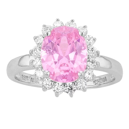 Brilliante Sterling Silver 10x8mm Oval Pink Simulated Diamond Halo Ring
