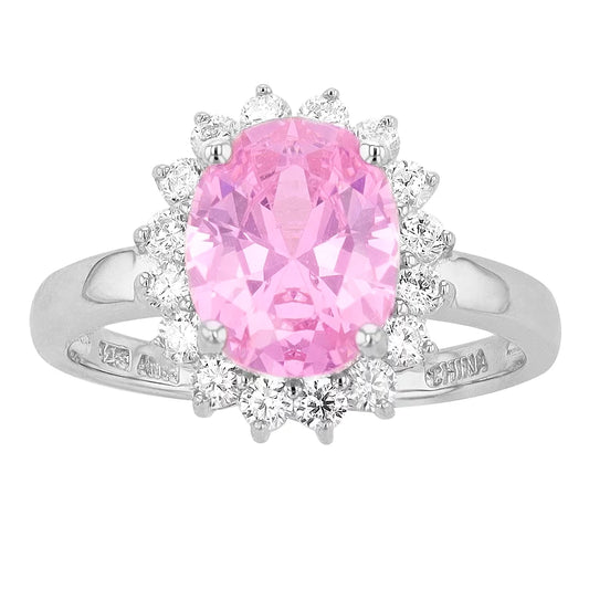 Brilliante Sterling Silver 10x8mm Oval Pink Simulated Diamond Halo Ring